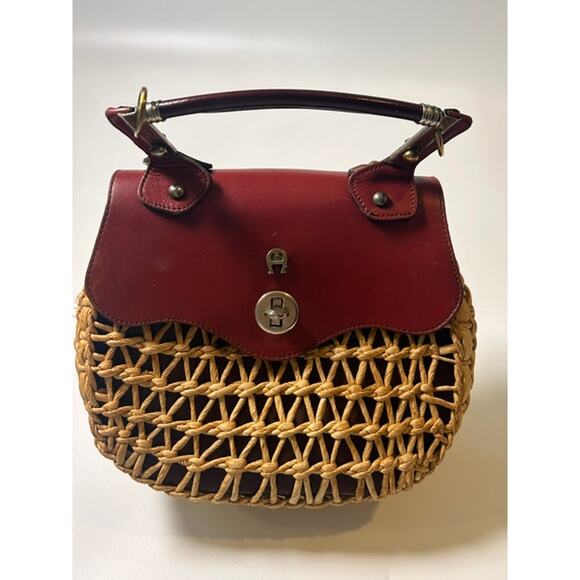 Etienne Aigner Handbags - Vintage 70s Etienne Aigner Woven Rattan Leather Basket Handbag Satchel Oxblood